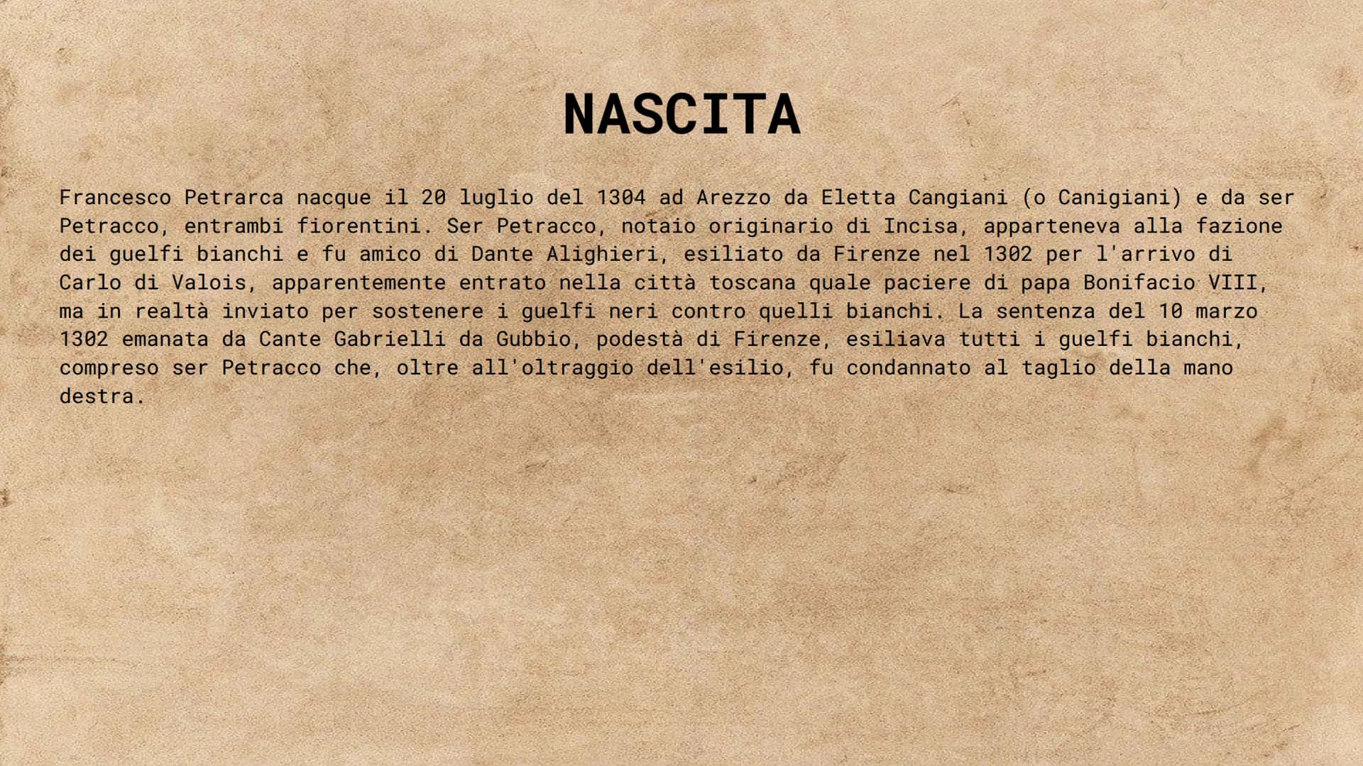 PETRARCA Nascita
Petrarca nasce ad Arezzo, dopo
che i suoi genitori erano stati
esiliati da Firenze
1304
1327
LINEA DEL TEMPO
Incontro con L