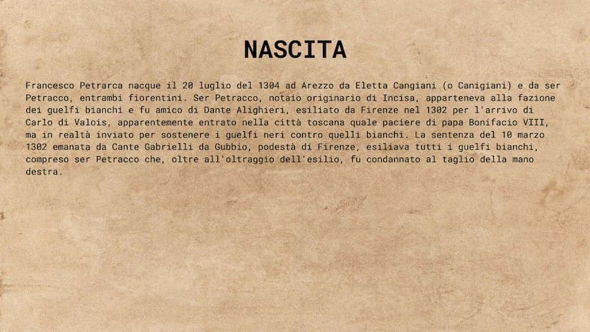 PETRARCA Nascita
Petrarca nasce ad Arezzo, dopo
che i suoi genitori erano stati
esiliati da Firenze
1304
1327
LINEA DEL TEMPO
Incontro con L