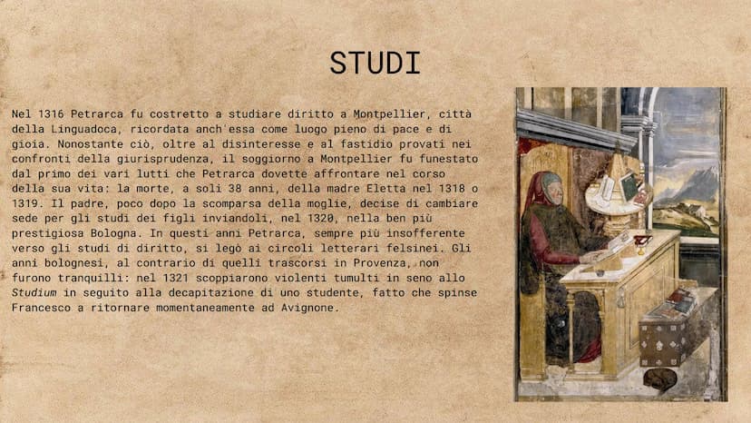 PETRARCA Nascita
Petrarca nasce ad Arezzo, dopo
che i suoi genitori erano stati
esiliati da Firenze
1304
1327
LINEA DEL TEMPO
Incontro con L