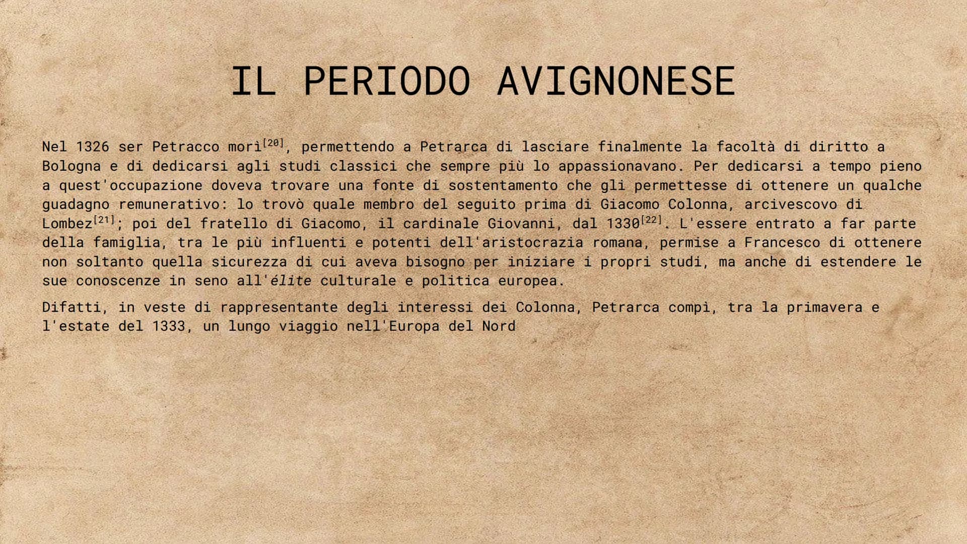 PETRARCA Nascita
Petrarca nasce ad Arezzo, dopo
che i suoi genitori erano stati
esiliati da Firenze
1304
1327
LINEA DEL TEMPO
Incontro con L