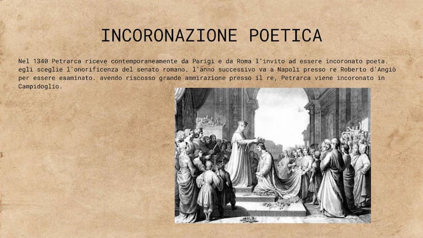 PETRARCA Nascita
Petrarca nasce ad Arezzo, dopo
che i suoi genitori erano stati
esiliati da Firenze
1304
1327
LINEA DEL TEMPO
Incontro con L
