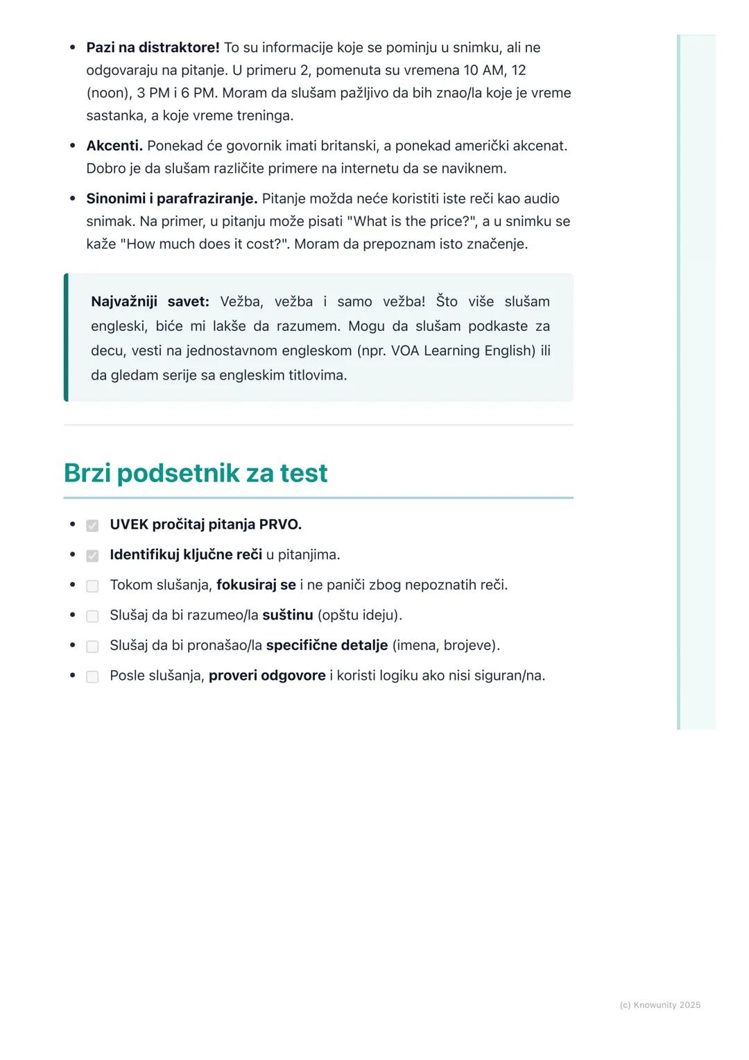 # Slušanje (Listening)

## Uvod u veštinu slušanja

Slušanje na engleskom nije samo pasivno primanje zvukova. To je aktivna
veština gde mora