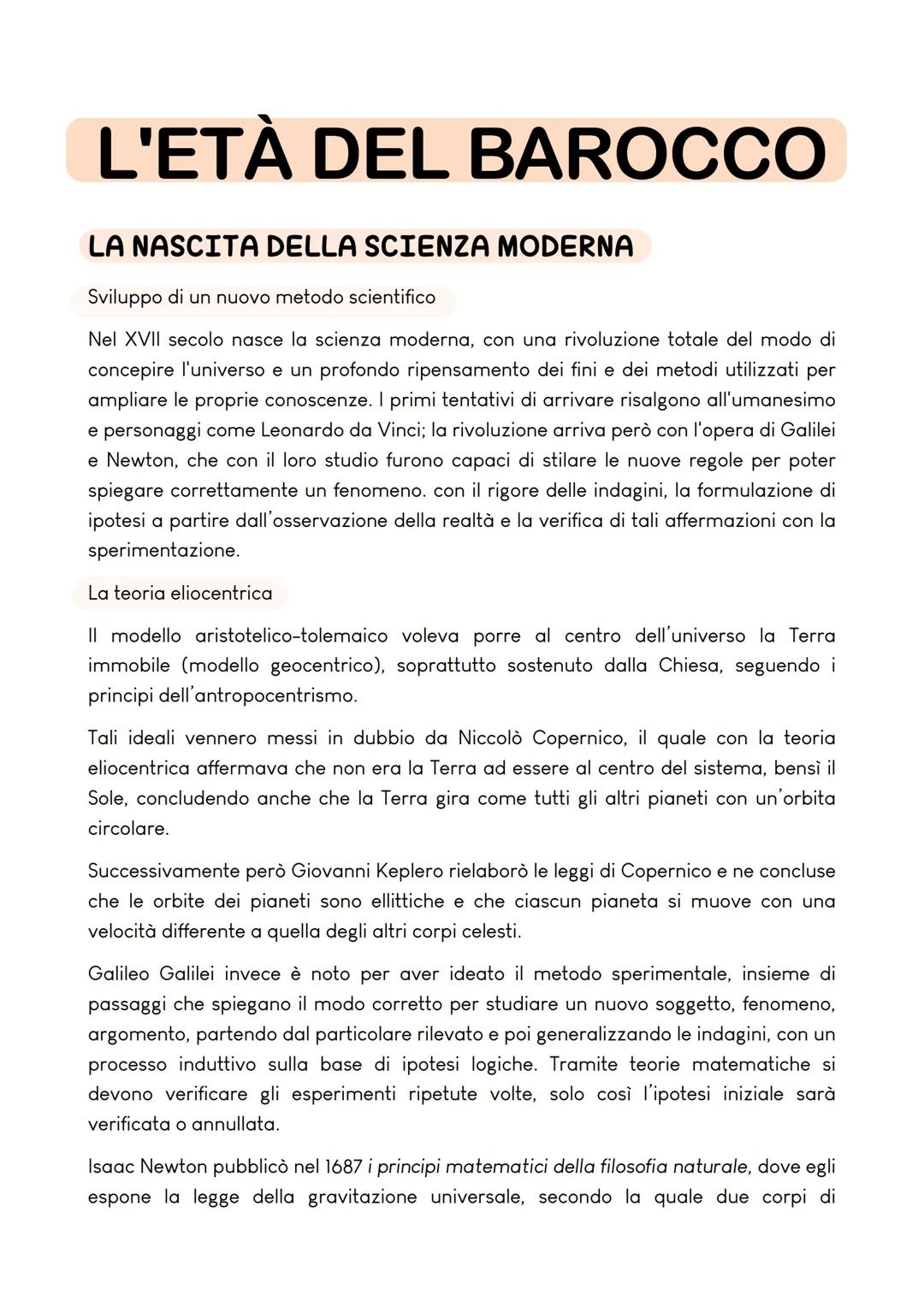 L'ETÀ DEL BAROCCO
LA NASCITA DELLA SCIENZA MODERNA
Sviluppo di un nuovo metodo scientifico
Nel XVII secolo nasce la scienza moderna, con una
