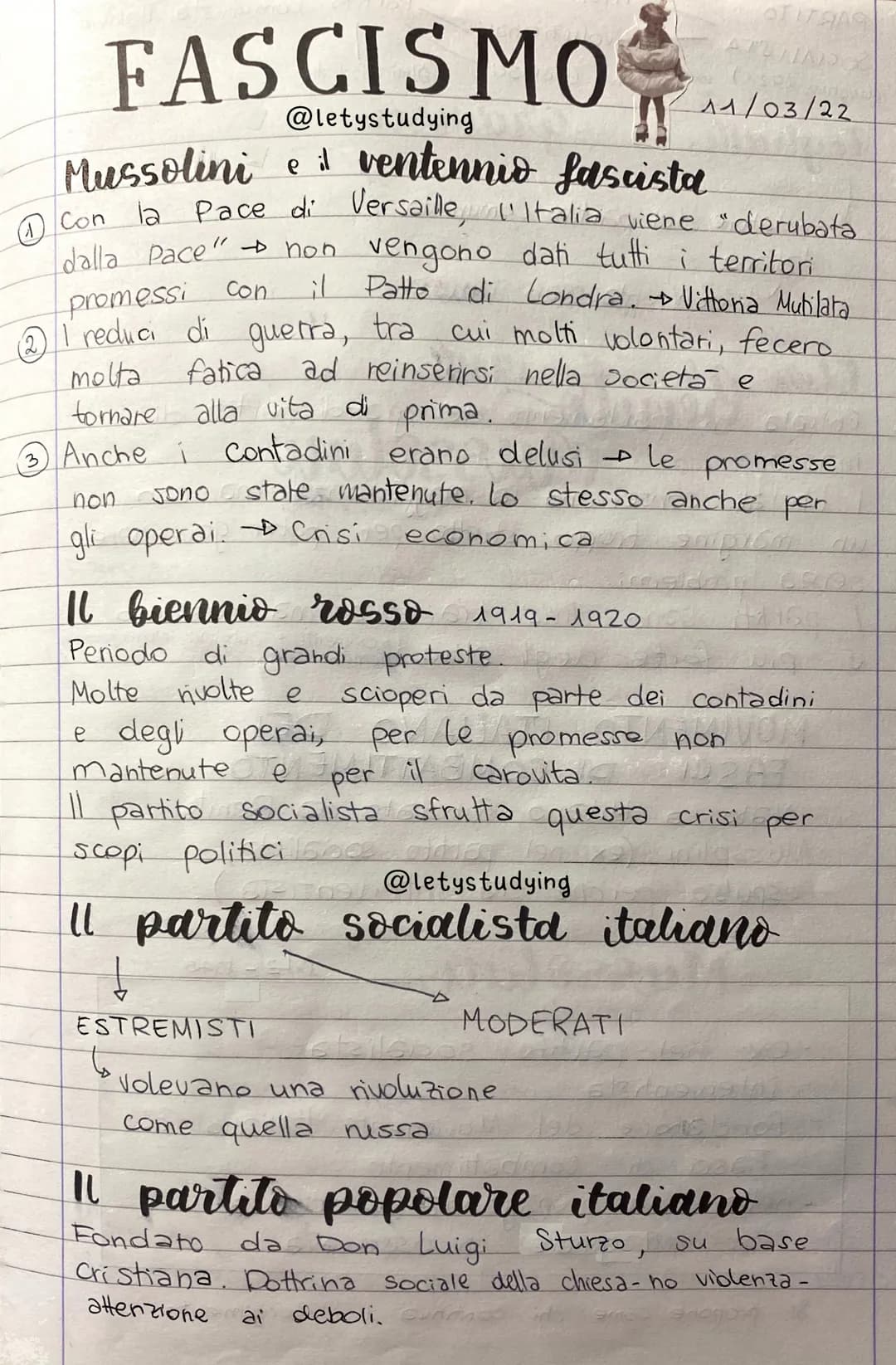 FASCISMO
@letystudying
Con
Mussolini e il ventennid fascista
1 Con
la Pace di Versaille, l'Italia viene derubata
dalla Pace" non vengono dat