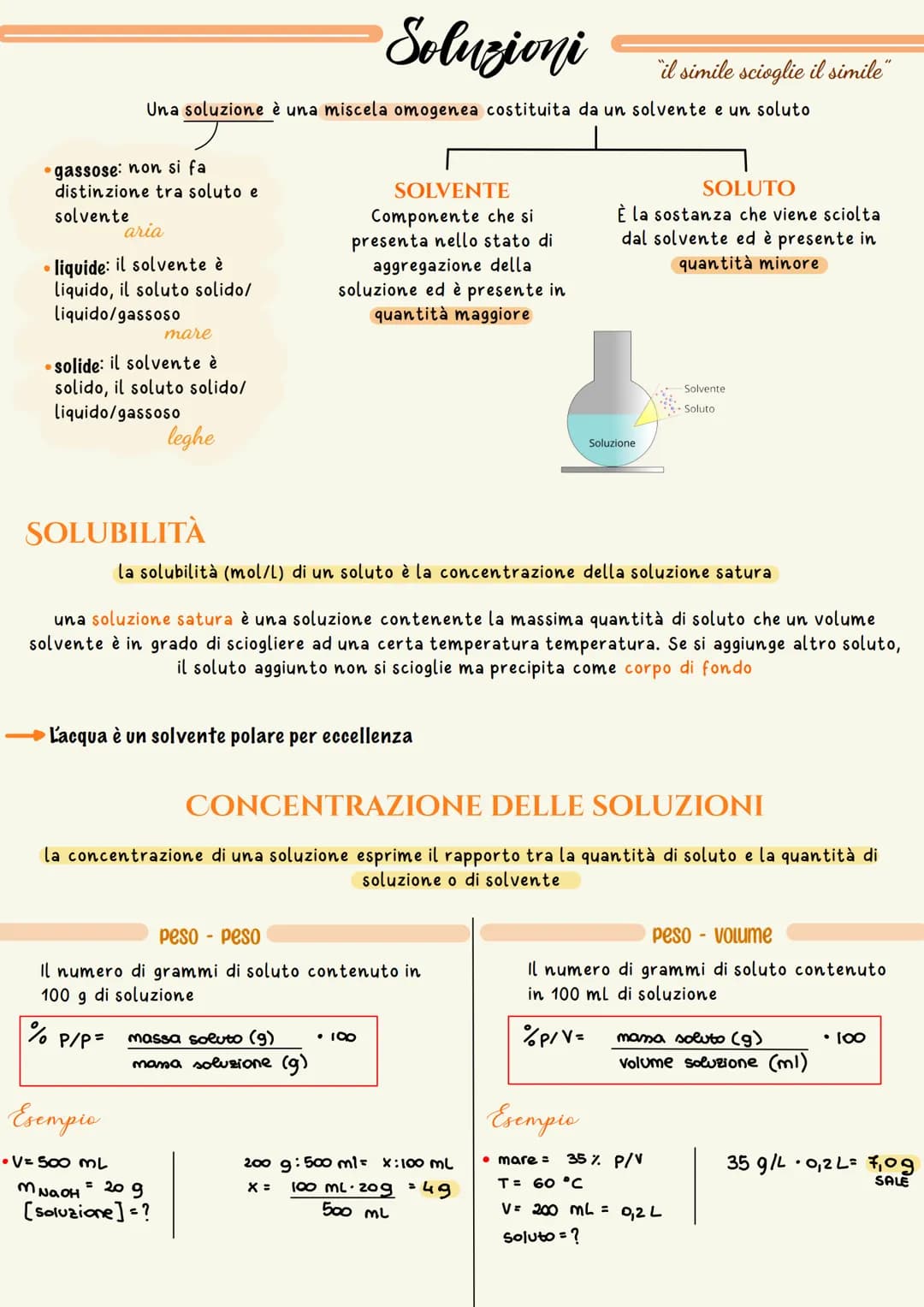 •gassose: non si fa
distinzione tra soluto e
solvente
aria
liquide: il solvente è
liquido, il soluto solido/
liquido/gassoso
Una soluzione è