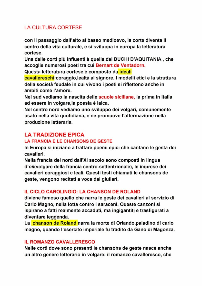 LA CULTURA CORTESE
con il passaggio dall'alto al basso medioevo, la corte diventa il
centro della vita culturale, e si sviluppa in europa la