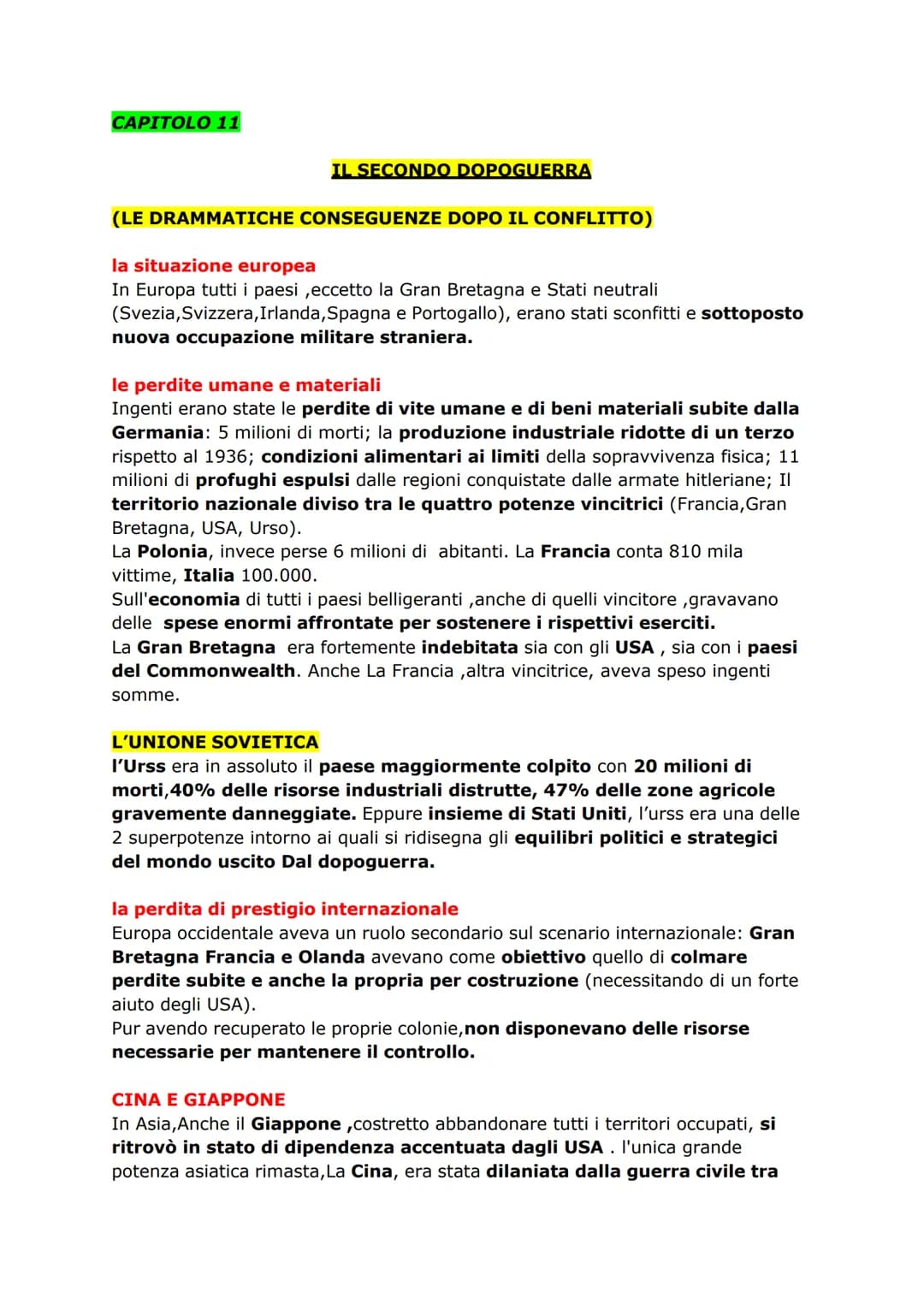 CAPITOLO 11
IL SECONDO DOPOGUERRA
(LE DRAMMATICHE CONSEGUENZE DOPO IL CONFLITTO)
la situazione europea
In Europa tutti i paesi,eccetto la Gr