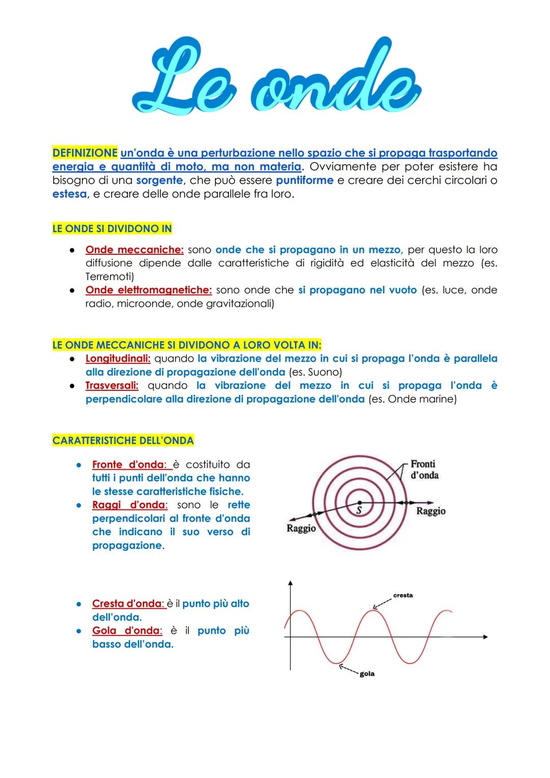 Le onde
DEFINIZIONE un'onda è una perturbazione nello spazio che si propaga trasportando
energia e quantità di moto, ma non materia. Ovviame