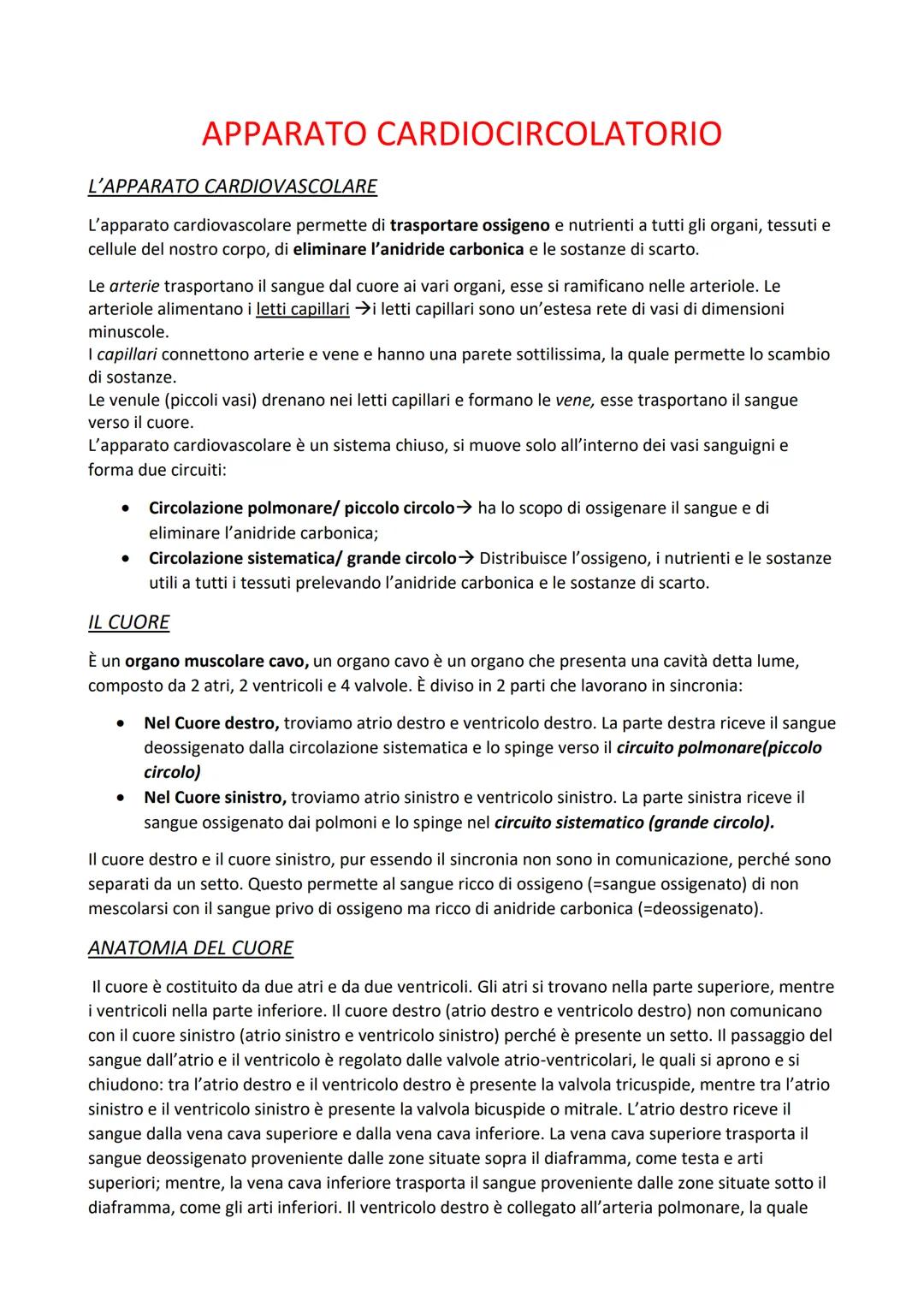 L'APPARATO CARDIOVASCOLARE
L'apparato cardiovascolare permette di trasportare ossigeno e nutrienti a tutti gli organi, tessuti e
cellule del