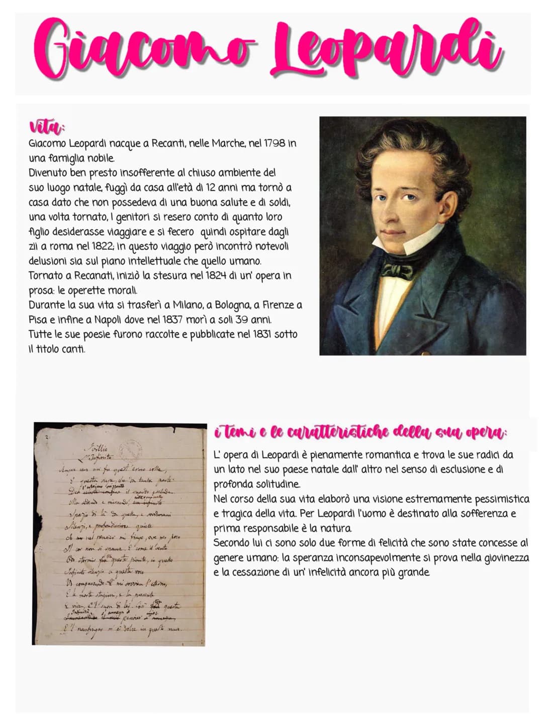 Giacomo Leopardi
vita
Giacomo Leopardi nacque a Recanti, nelle Marche, nel 1798 in
una famiglia nobile
Divenuto ben presto insofferente al c