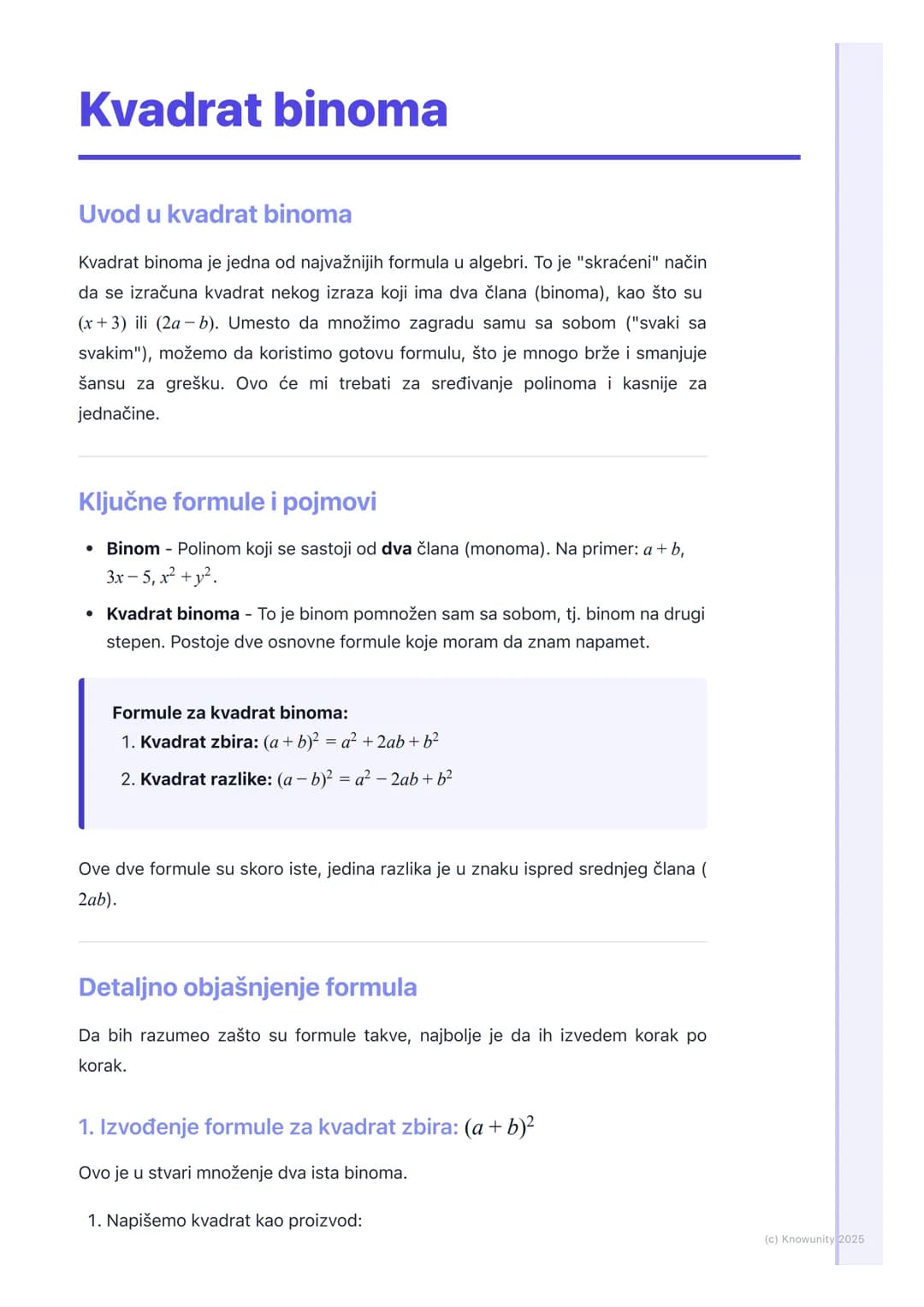 # Kvadrat binoma

Uvod u kvadrat binoma

Kvadrat binoma je jedna od najvažnijih formula u algebri. To je "skraćeni" način
da se izračuna kva