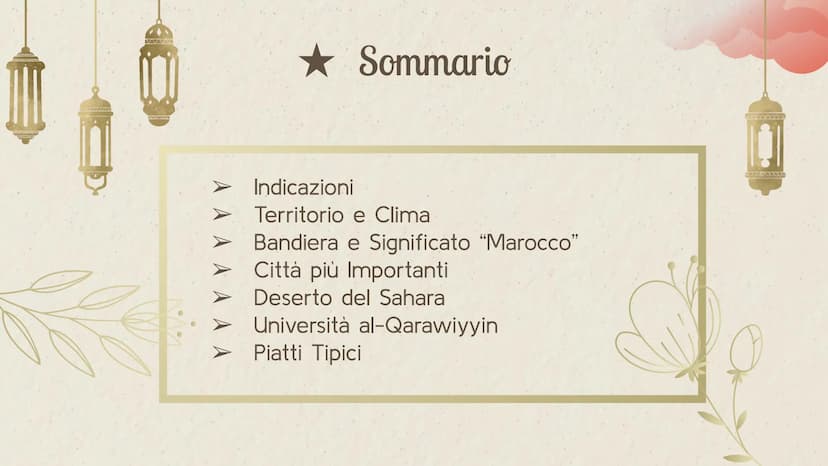 MA
* المغرب
• • •
★ Marocco ★ Sommario
Indicazioni
Territorio e Clima
Bandiera e Significato "Marocco"
Città più Importanti
Deserto del Saha