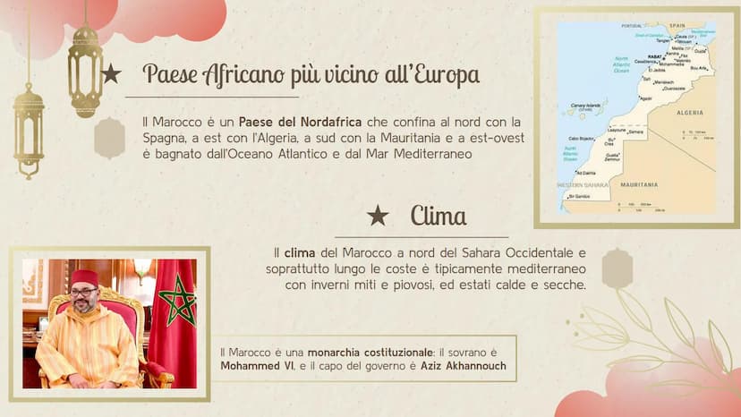 MA
* المغرب
• • •
★ Marocco ★ Sommario
Indicazioni
Territorio e Clima
Bandiera e Significato "Marocco"
Città più Importanti
Deserto del Saha