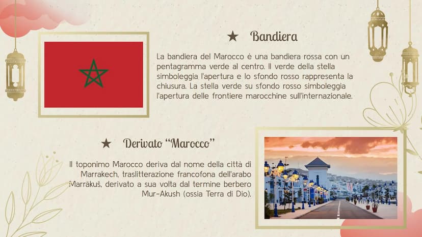 MA
* المغرب
• • •
★ Marocco ★ Sommario
Indicazioni
Territorio e Clima
Bandiera e Significato "Marocco"
Città più Importanti
Deserto del Saha