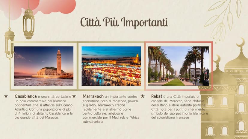 MA
* المغرب
• • •
★ Marocco ★ Sommario
Indicazioni
Territorio e Clima
Bandiera e Significato "Marocco"
Città più Importanti
Deserto del Saha