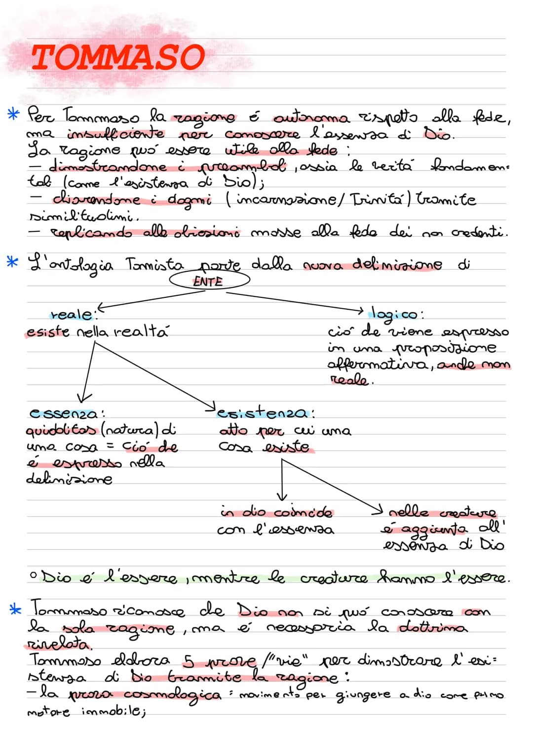 TOMMASO
Per Tommaso la ragione é autonoma rispetto alla fede,
ma insufficiente per conoscere l'essenza di Dio.
La ragione può essere utile a