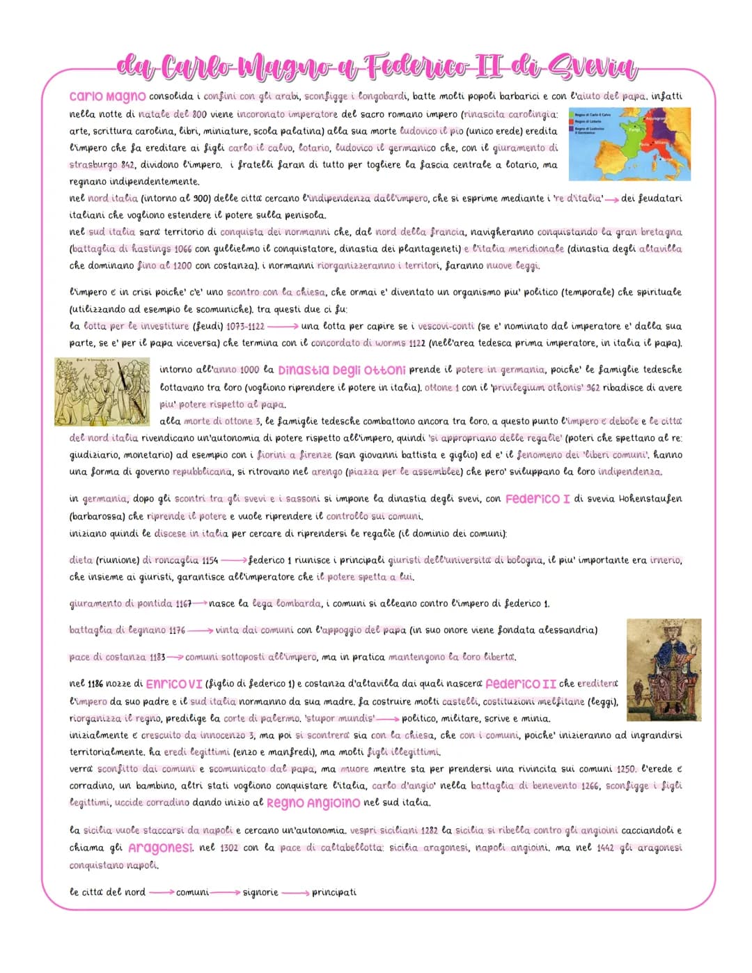 da Carlo Magno a Federico II di Svevia
carlo Magno consolida i confini con gli arabi, sconfigge i longobardi, batte molti popoli barbarici e
