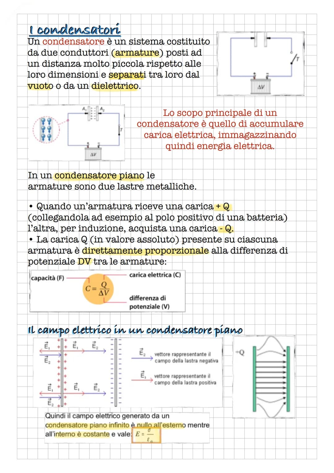 
<p>Un condensatore è un sistema costituito da due conduttori (armature) posti ad un distanza molto piccola rispetto alle loro dimensioni e 