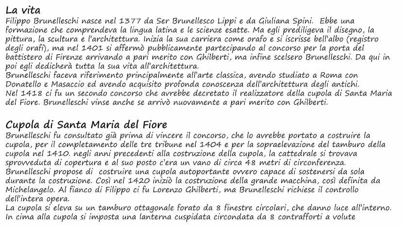 Filippo Brunelleschi
PERT La vita
Filippo Brunelleschi nasce nel 1377 da Ser Brunellesco Lippi e da Giuliana Spini. Ebbe una
formazione che 