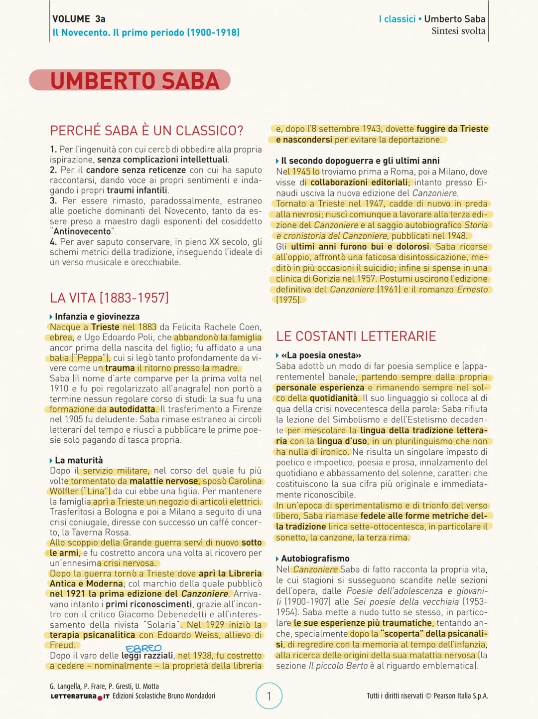 VOLUME 3a
Il Novecento. Il primo periodo (1900-1918)
UMBERTO SABA
PERCHÉ SABA È UN CLASSICO?
1. Per l'ingenuità con cui cercò di obbedire al