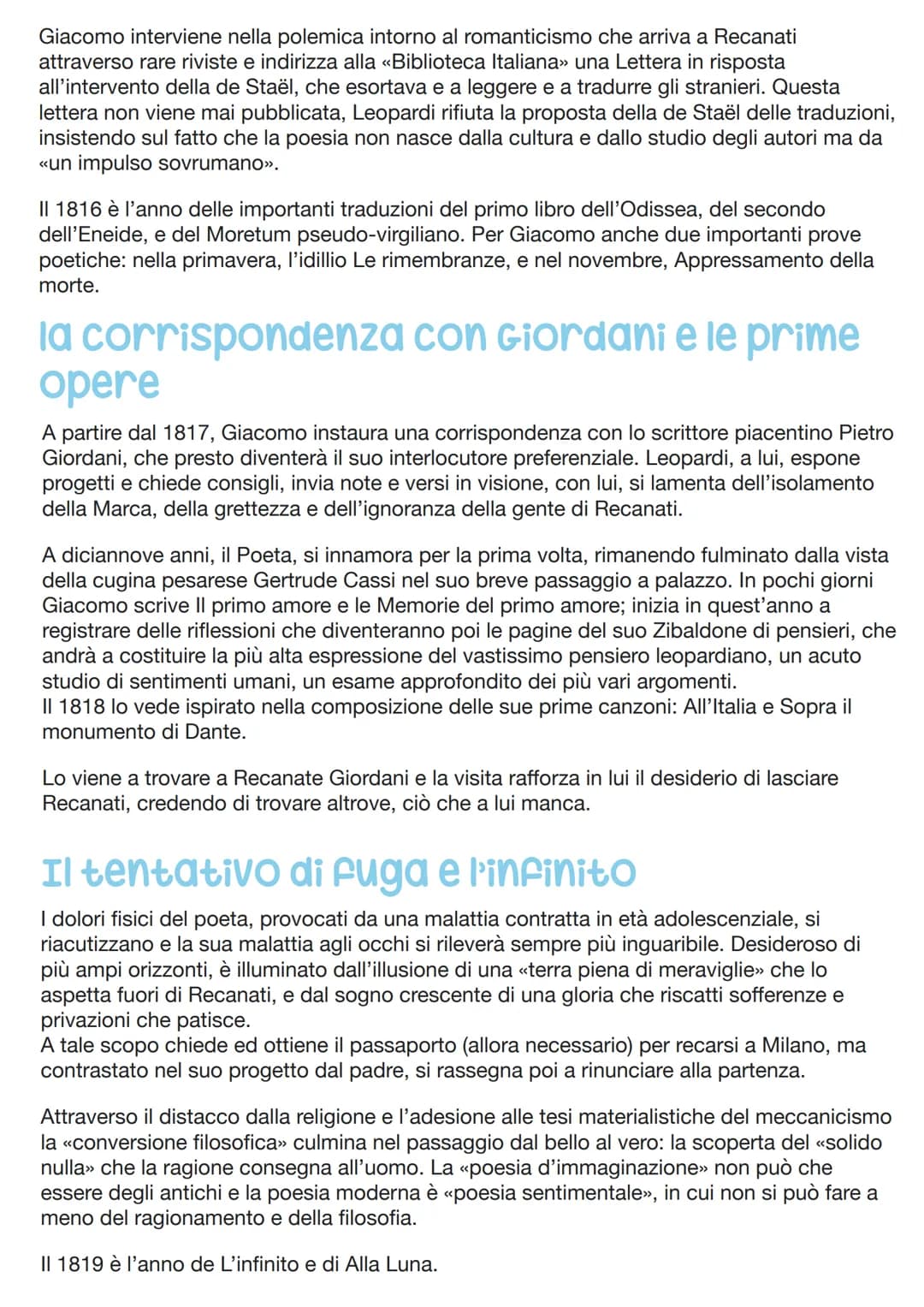 GIACOMO LEOPARDI
Nascita e infanzia
Giacomo Leopardi nasce il 29 giugno 1798, a Recanati, piccolo centro dello Stato
Pontificio, dal conte M