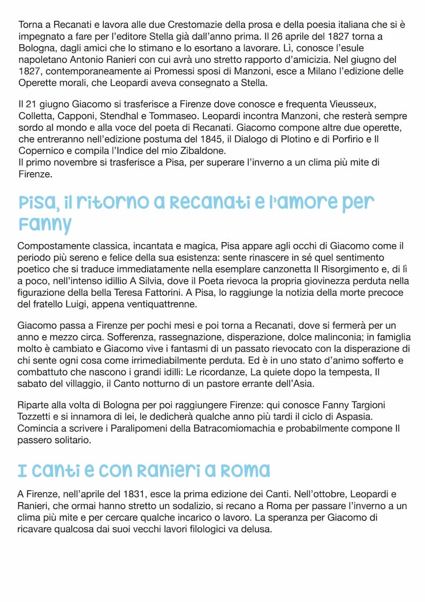 GIACOMO LEOPARDI
Nascita e infanzia
Giacomo Leopardi nasce il 29 giugno 1798, a Recanati, piccolo centro dello Stato
Pontificio, dal conte M