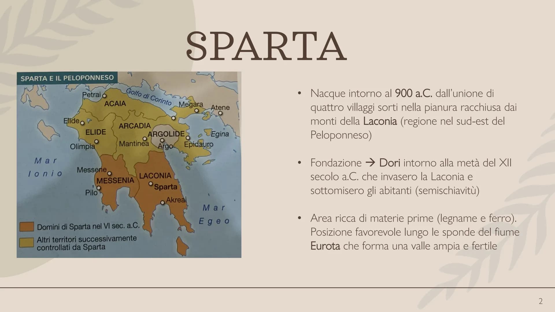 SPARTA SPARTA E IL PELOPONNESO
Mar
Ionio
Petrai o
Elideo
ELIDE
O
Olimpia
ACAIA
Messene
Pilo
Golfo di Corinto
ARCADIA
MESSENIA
Mantinea
ARGOL