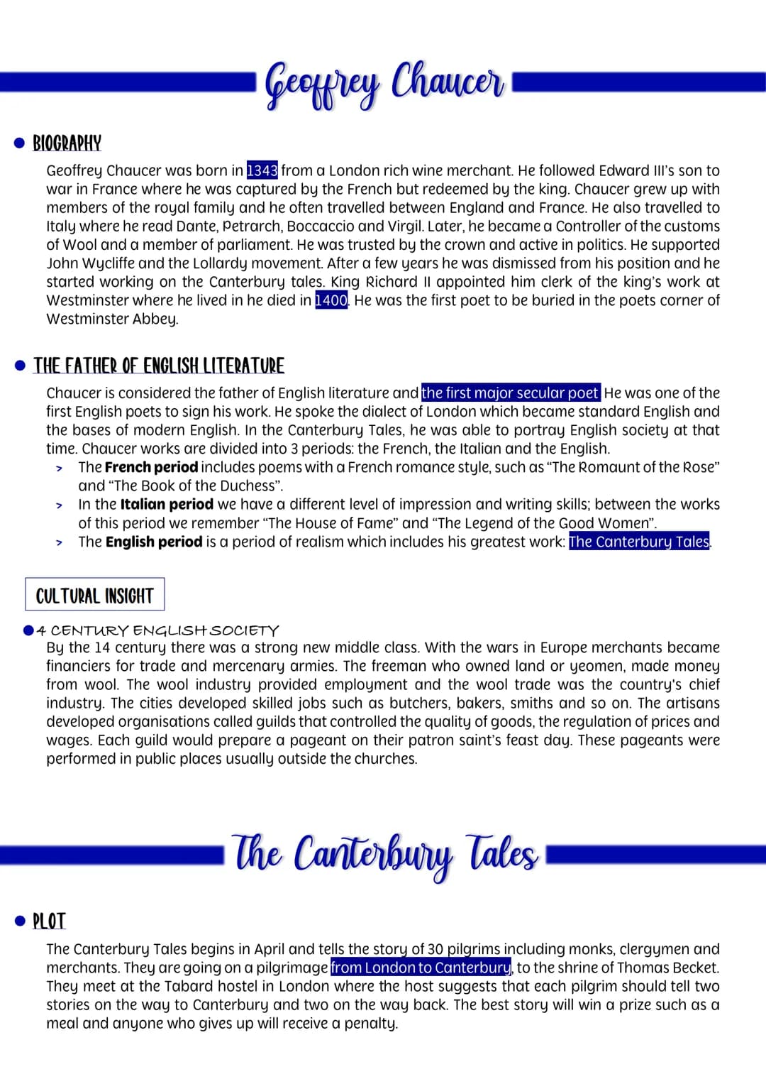 Geoffrey Chaucer
BIOGRAPHY
Geoffrey Chaucer was born in 1343 from a London rich wine merchant. He followed Edward III's son to
war in France