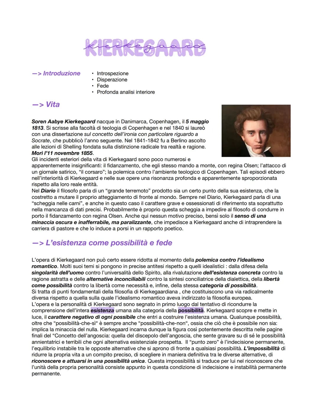 -> Introduzione
-> Vita
KIERKEGAARS
• Introspezione
Disperazione
• Fede
• Profonda analisi interiore
Soren Aabye Kierkegaard nacque in Danim