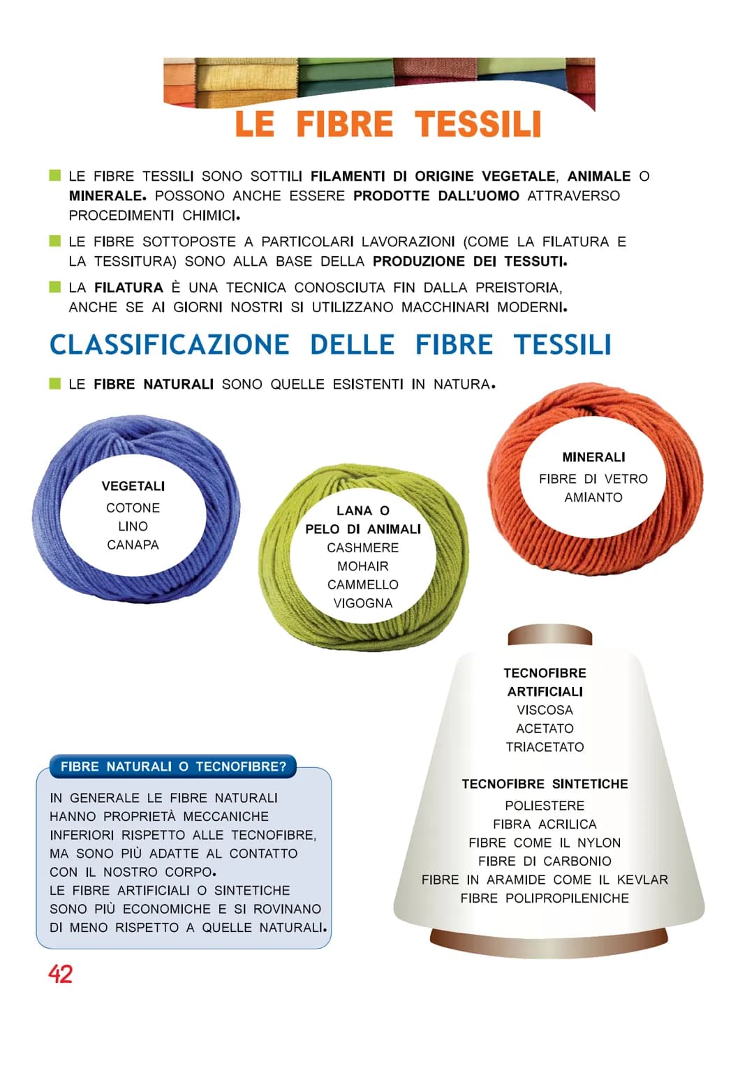 LE FIBRE TESSILI
LE FIBRE TESSILI SONO SOTTILI FILAMENTI DI ORIGINE VEGETALE, ANIMALE O
MINERALE. POSSONO ANCHE ESSERE PRODOTTE DALL'UOMO AT