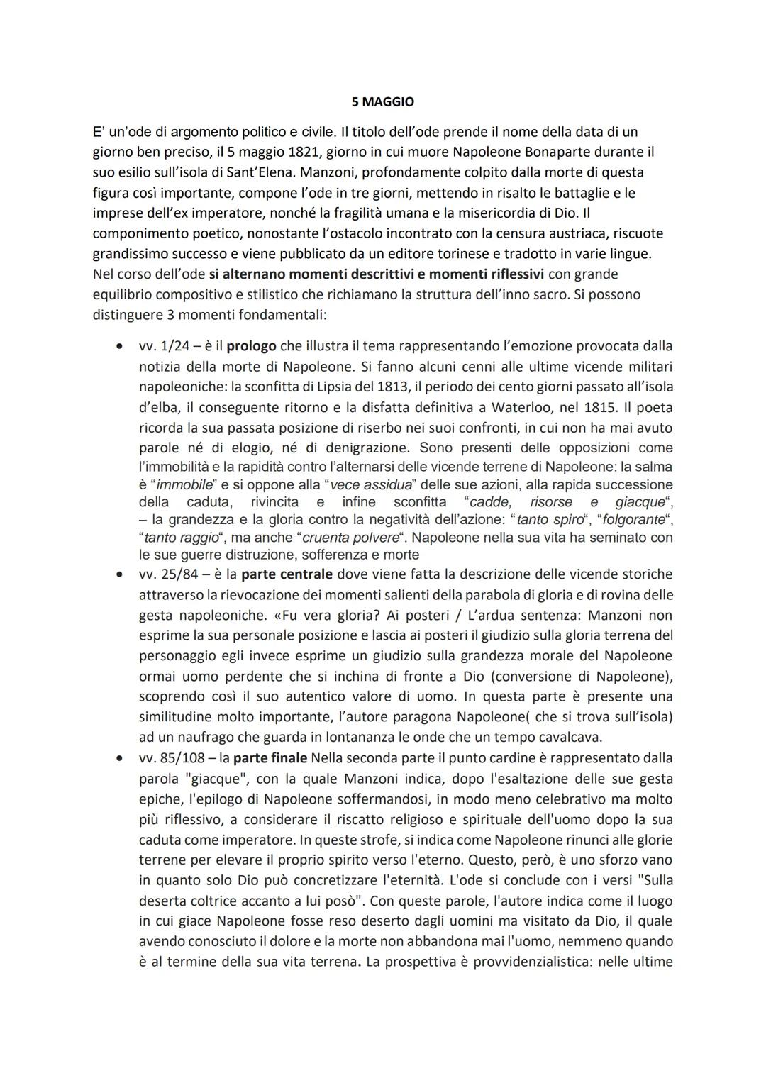 5 MAGGIO
E' un'ode di argomento politico e civile. Il titolo dell'ode prende il nome della data di un
giorno ben preciso, il 5 maggio 1821, 