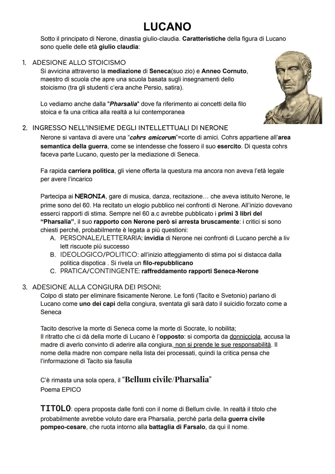 LUCANO
Sotto il principato di Nerone, dinastia giulio-claudia. Caratteristiche della figura di Lucano
sono quelle delle età giulio claudia:
