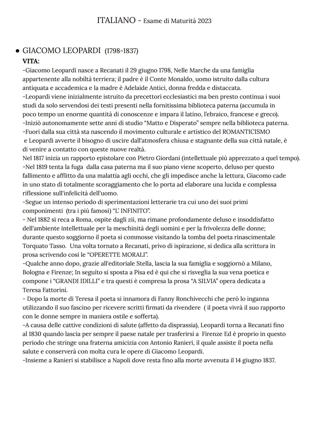 ITALIANO - Esame di Maturità 2023
. GIACOMO LEOPARDI (1798-1837)
VITA:
-Giacomo Leopardi nasce a Recanati il 29 giugno 1798, Nelle Marche da