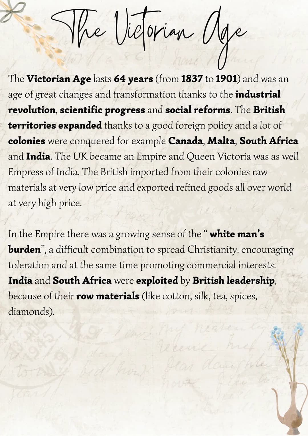 The Victorian Age
The Victorian Age lasts 64 years (from 1837 to 1901) and was an
age of great changes and transformation thanks to the indu