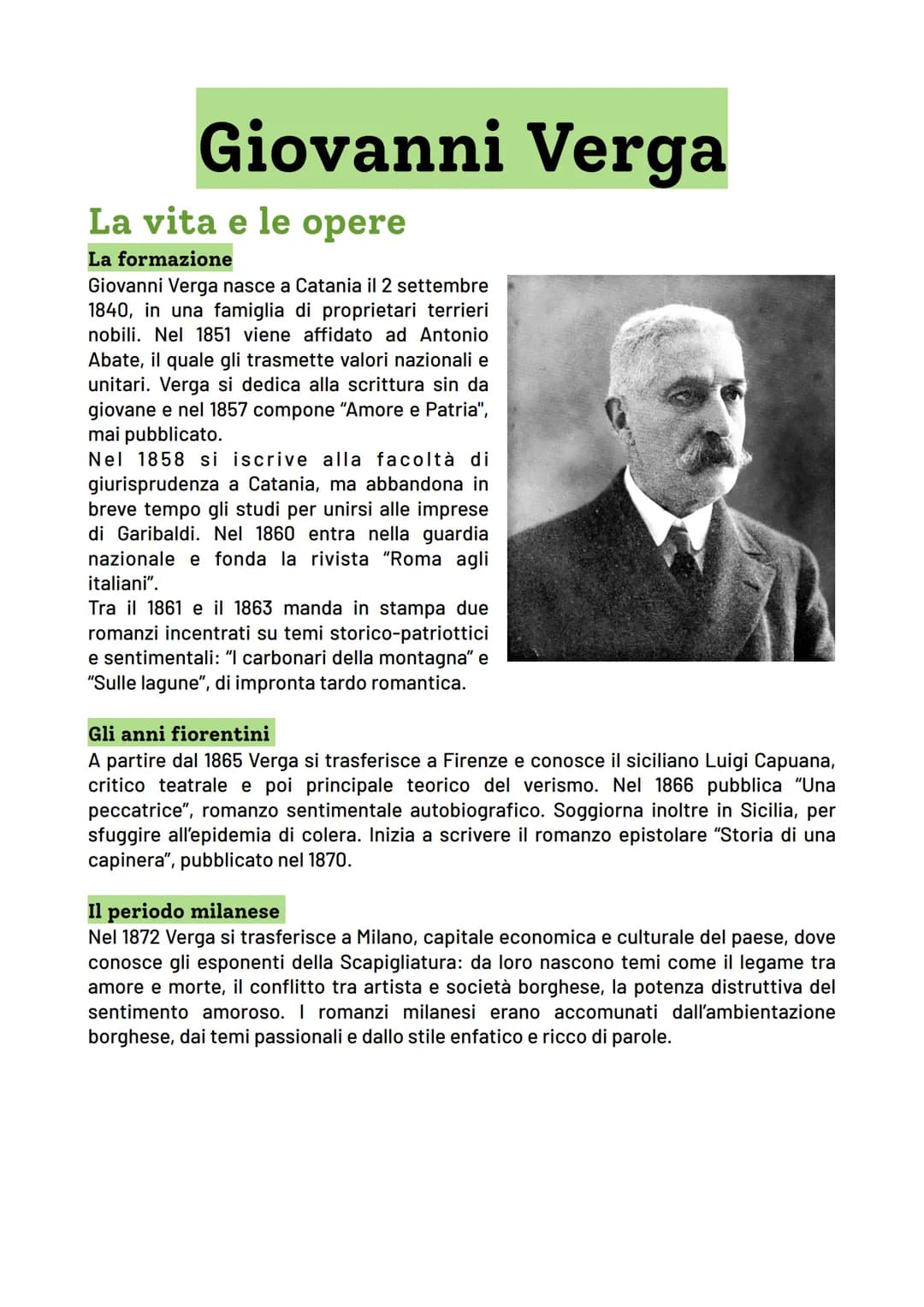 Giovanni Verga
La vita e le opere
La formazione
Giovanni Verga nasce a Catania il 2 settembre
1840, in una famiglia di proprietari terrieri
