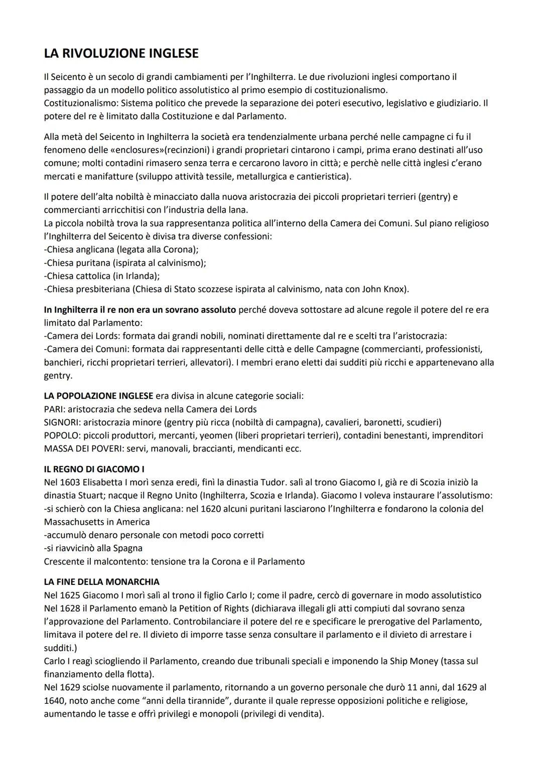 LA RIVOLUZIONE INGLESE
Il Seicento è un secolo di grandi cambiamenti per l'Inghilterra. Le due rivoluzioni inglesi comportano il
passaggio d