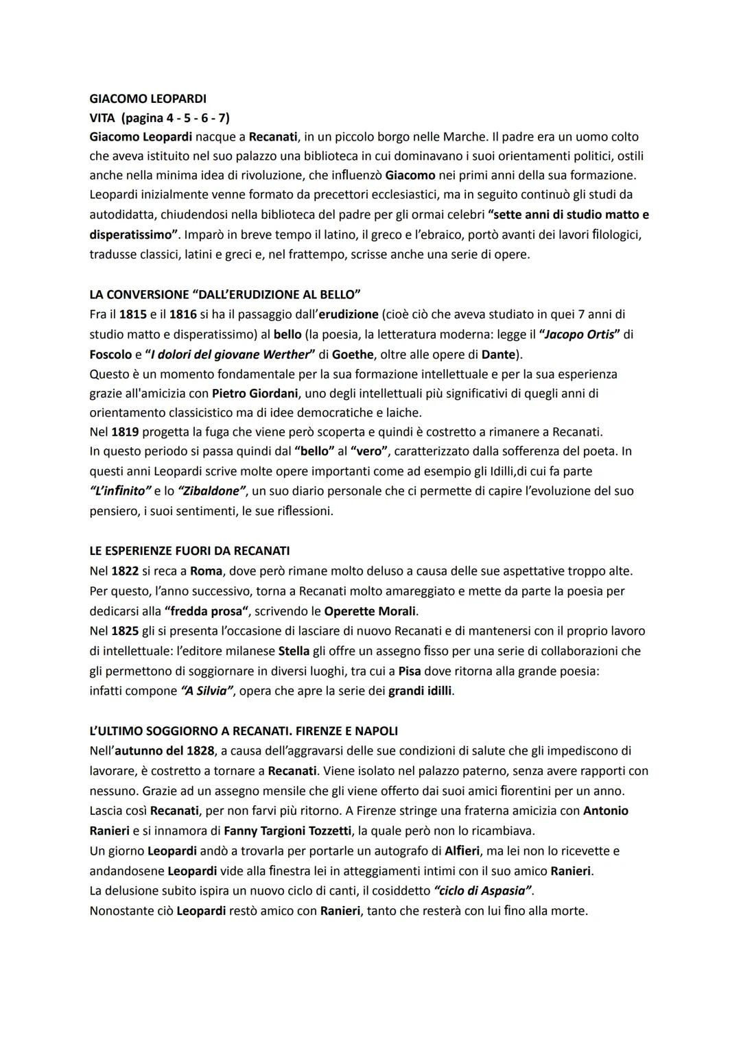 GIACOMO LEOPARDI
VITA (pagina 4-5-6-7)
Giacomo Leopardi nacque a Recanati, in un piccolo borgo nelle Marche. Il padre era un uomo colto
che 
