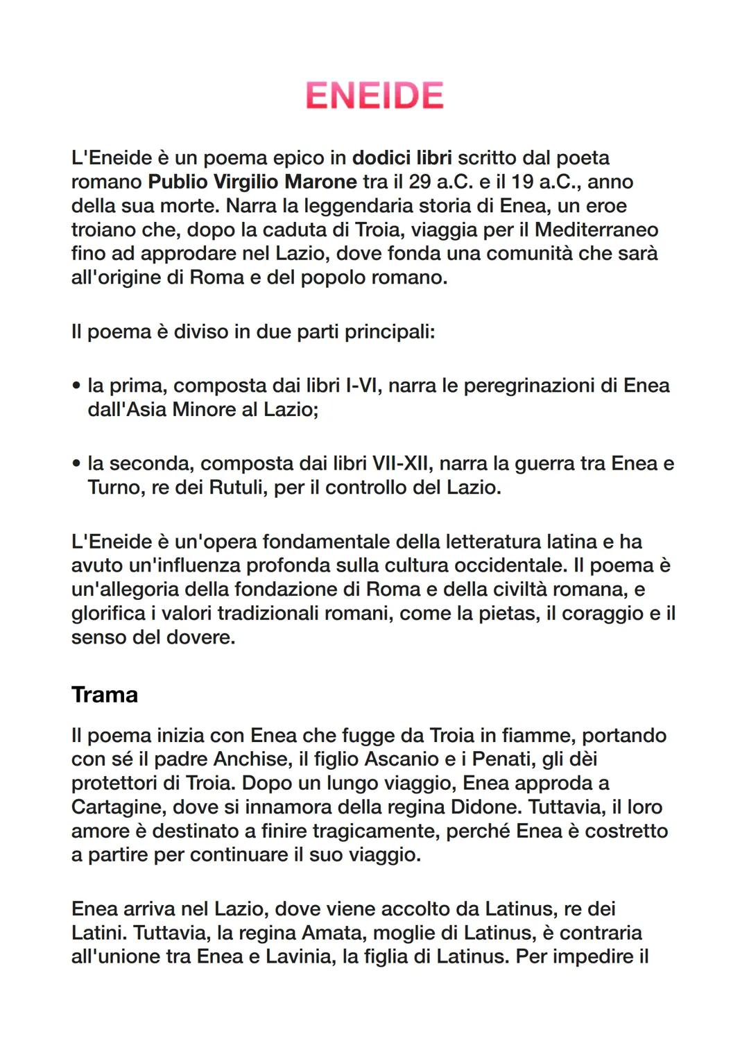 ENEIDE
L'Eneide è un poema epico in dodici libri scritto dal poeta
romano Publio Virgilio Marone tra il 29 a.C. e il 19 a.C., anno
della sua
