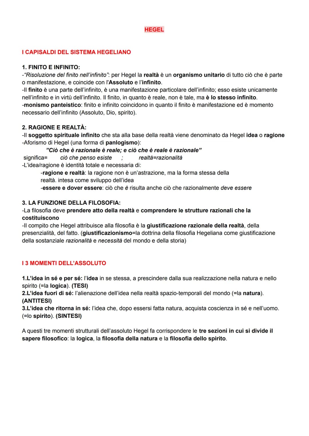 
<h2 id="hegel">Hegel</h2>
<ol>
<li>FINITO E INFINITO</li>
</ol>
<ul>
<li>"Risoluzione del finito nell'infinito": secondo Hegel, la realtà è