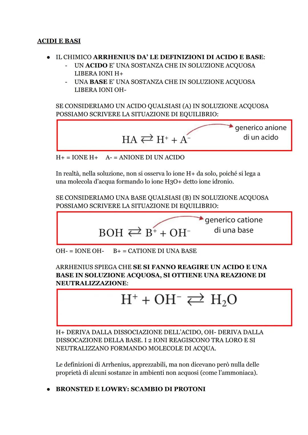 ACIDI E BASI
IL CHIMICO ARRHENIUS DA' LE DEFINIZIONI DI ACIDO E BASE:
UN ACIDO E' UNA SOSTANZA CHE IN SOLUZIONE ACQUOSA
LIBERA IONI H+
UNA B