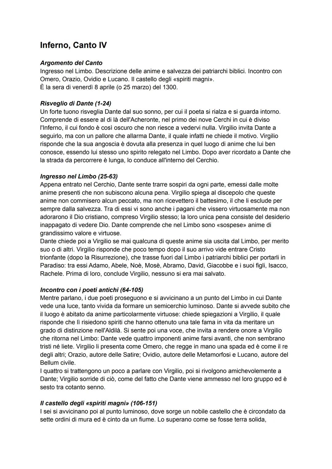 Inferno, Canto IV
Argomento del Canto
Ingresso nel Limbo. Descrizione delle anime e salvezza dei patriarchi biblici. Incontro con
Omero, Ora