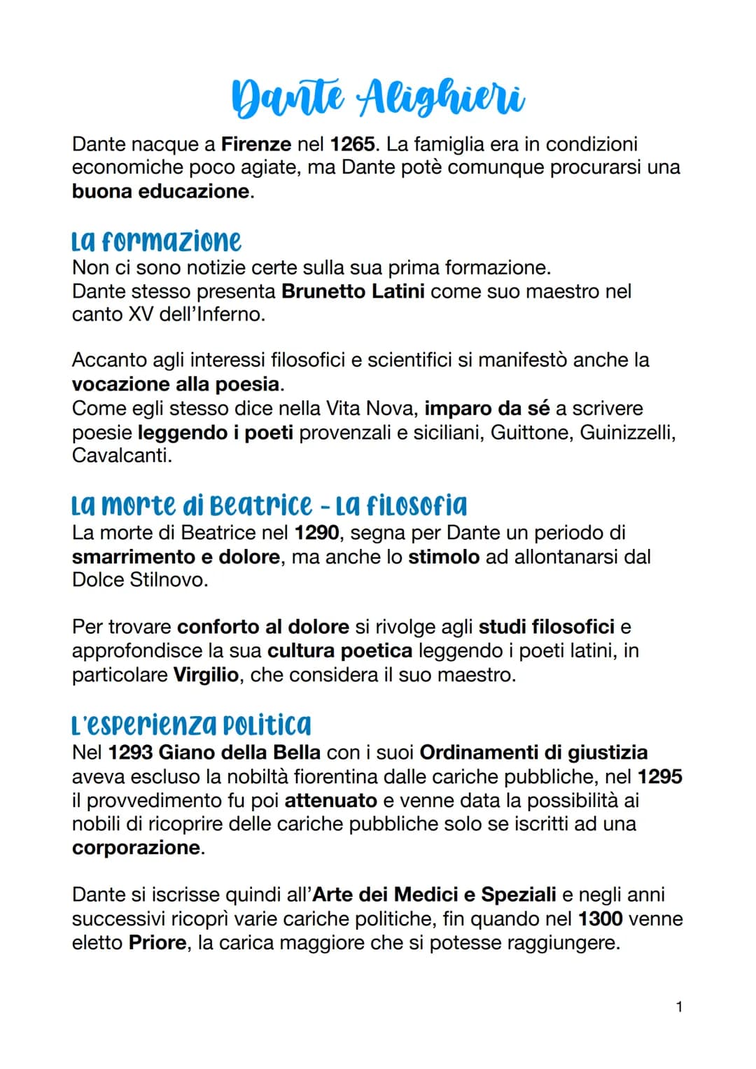 Dante Alighieri
Dante nacque a Firenze nel 1265. La famiglia era in condizioni
economiche poco agiate, ma Dante potè comunque procurarsi una