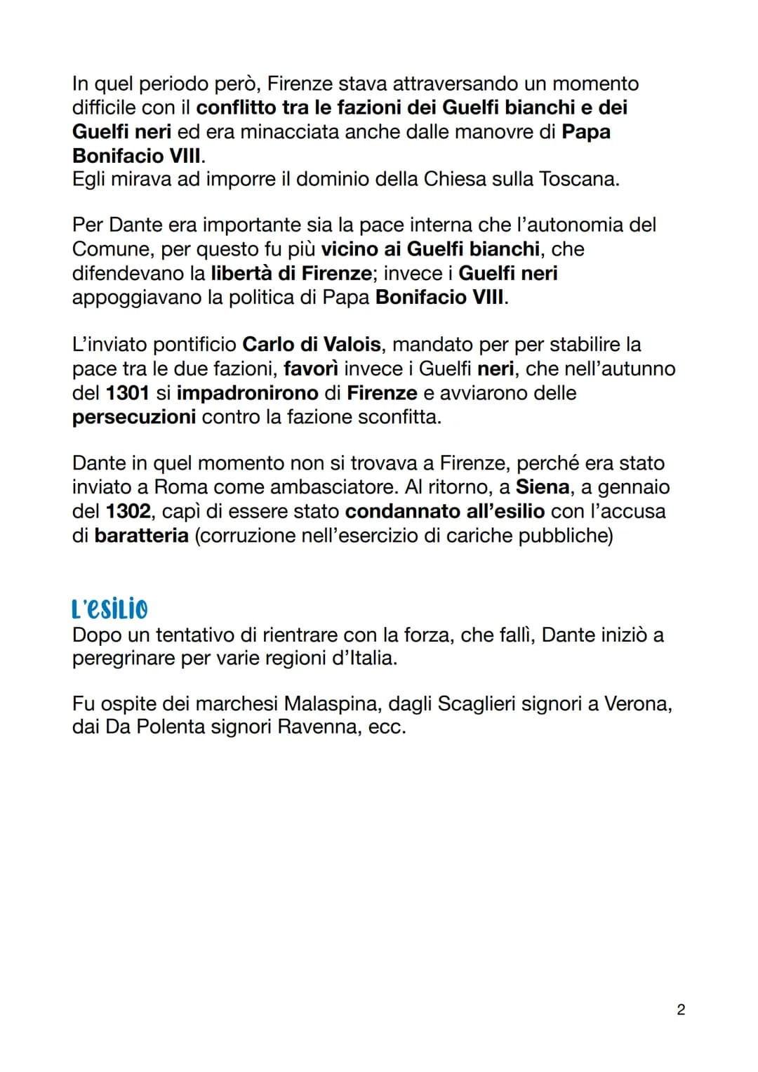 Dante Alighieri
Dante nacque a Firenze nel 1265. La famiglia era in condizioni
economiche poco agiate, ma Dante potè comunque procurarsi una