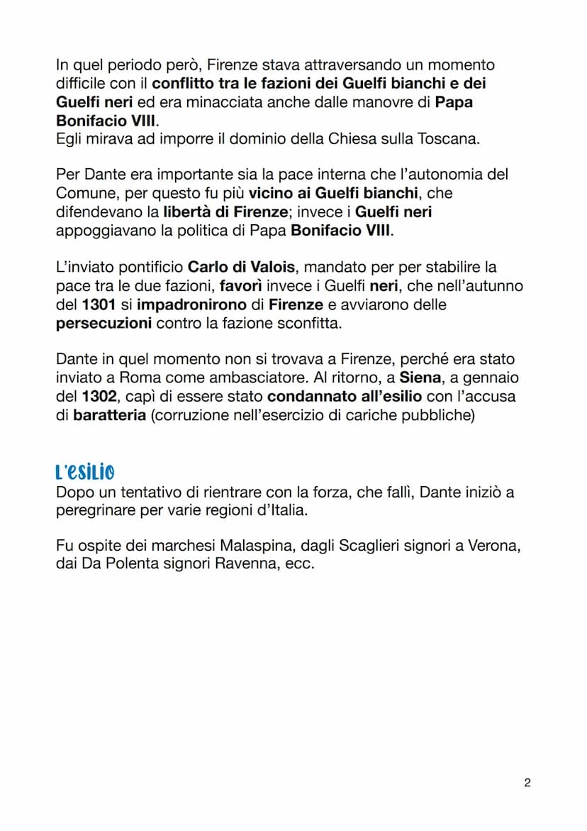 Dante Alighieri
Dante nacque a Firenze nel 1265. La famiglia era in condizioni
economiche poco agiate, ma Dante potè comunque procurarsi una
