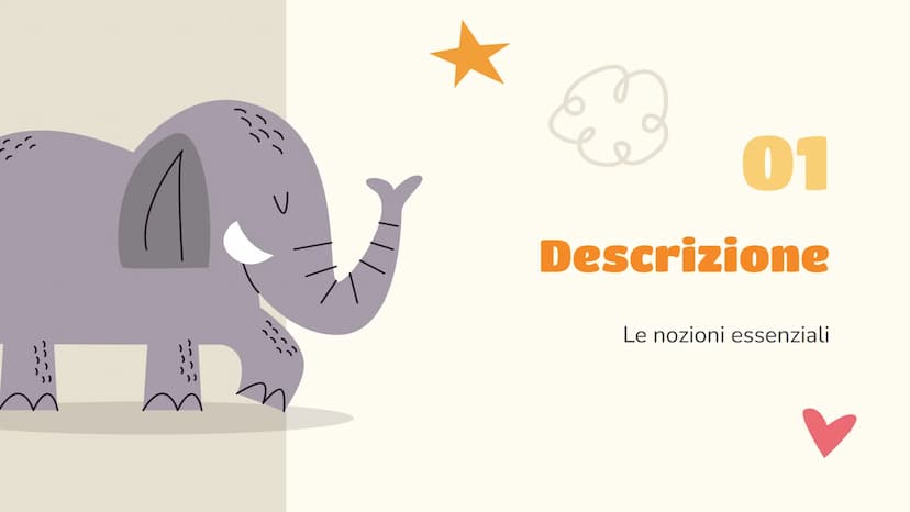 Scienze
L'elefante
Luce Joan Ruffato 2ªE Indice
01
Descrizione
Le nozioni essenziali
03
Comportamento
Il suo comportamento
sociale e animale