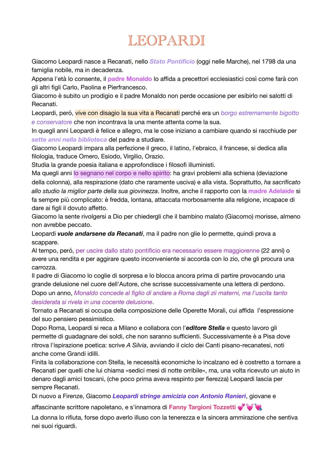 LEOPARDI
Giacomo Leopardi nasce a Recanati, nello Stato Pontificio (oggi nelle Marche), nel 1798 da una
famiglia nobile, ma in decadenza.
Ap