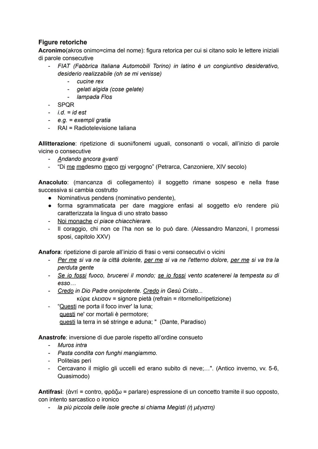 Figure retoriche
Acronimo (akros onimo=cima del nome): figura retorica per cui si citano solo le lettere iniziali
di parole consecutive
FIAT