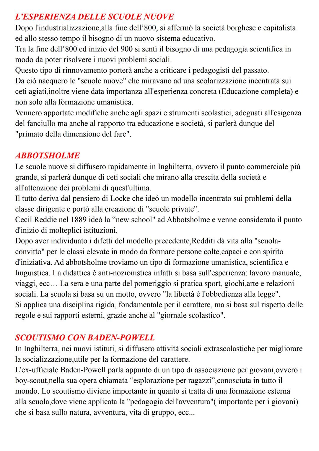 L'ESPERIENZA DELLE SCUOLE NUOVE
Dopo l'industrializzazione, alla fine dell'800, si affermò la società borghese e capitalista
ed allo stesso 
