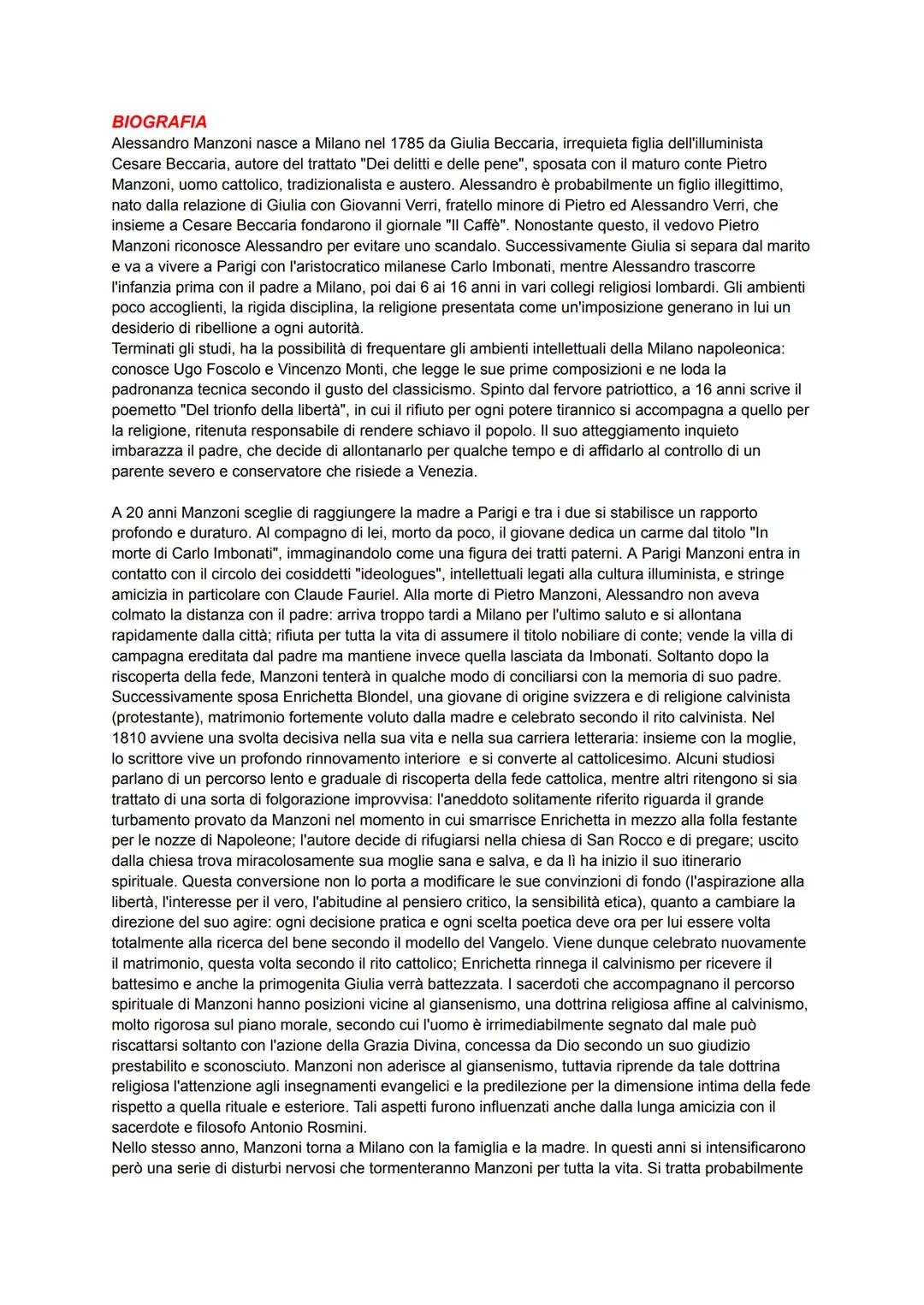 BIOGRAFIA
Alessandro Manzoni nasce a Milano nel 1785 da Giulia Beccaria, irrequieta figlia dell'illuminista
Cesare Beccaria, autore del trat