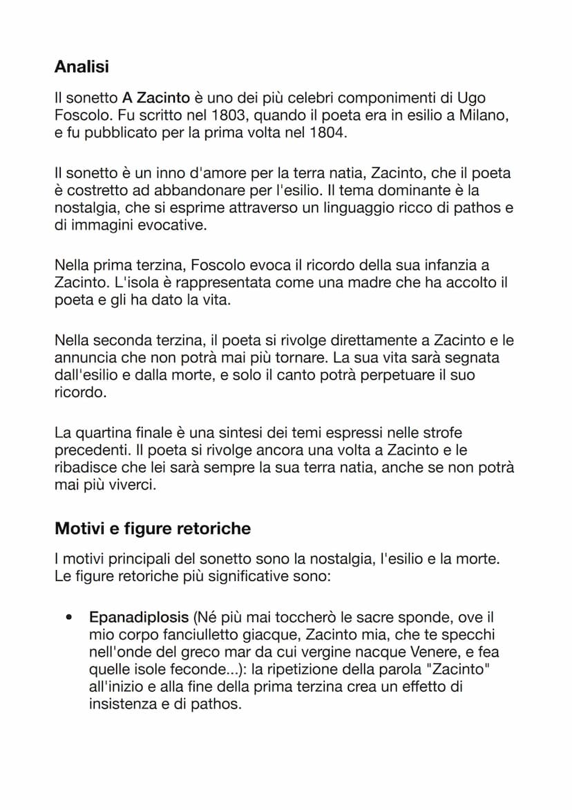 A Zacinto
Né più mai toccherò le sacre sponde
ove il mio corpo fanciulletto giacque,
Zacinto mia, che te specchi nell'onde
del greco mar da 